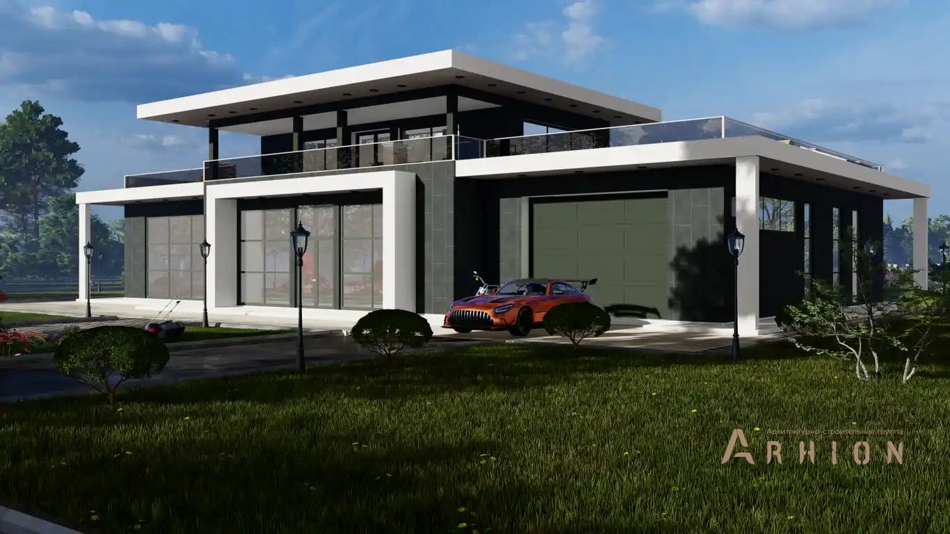 4. Проект двухэтажного дома в стиле хай-тек с плоской кровлей , h-1614, площадью - 545 кв c терассой, балконом, гаражом